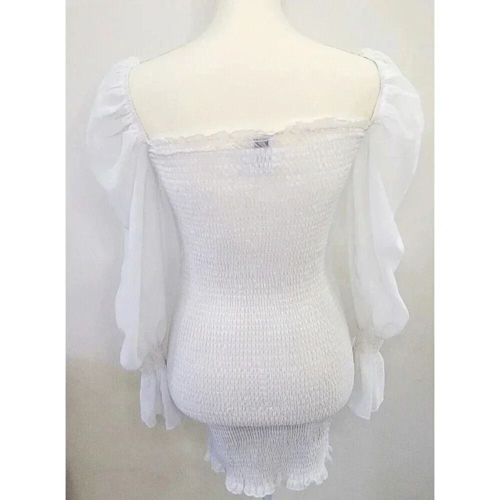 Princess Polly White Smocked Mini Dress Long Sheer Sleeve Ruched Bodycon XS S - Picture 6 of 11